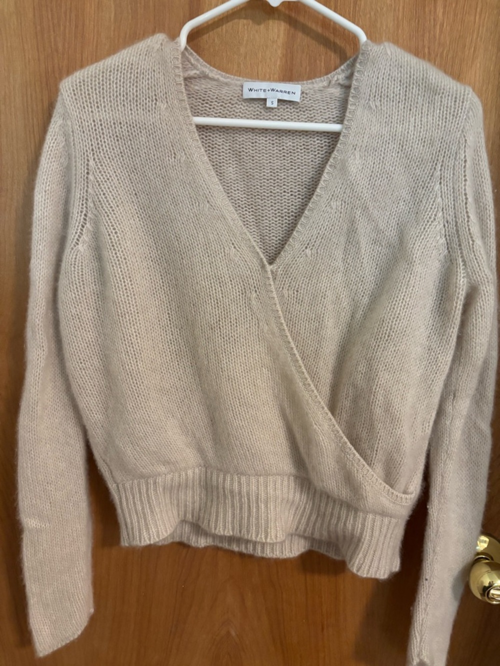 White + Warren Soft Taupe V-Neck Wrap Knit Sweater